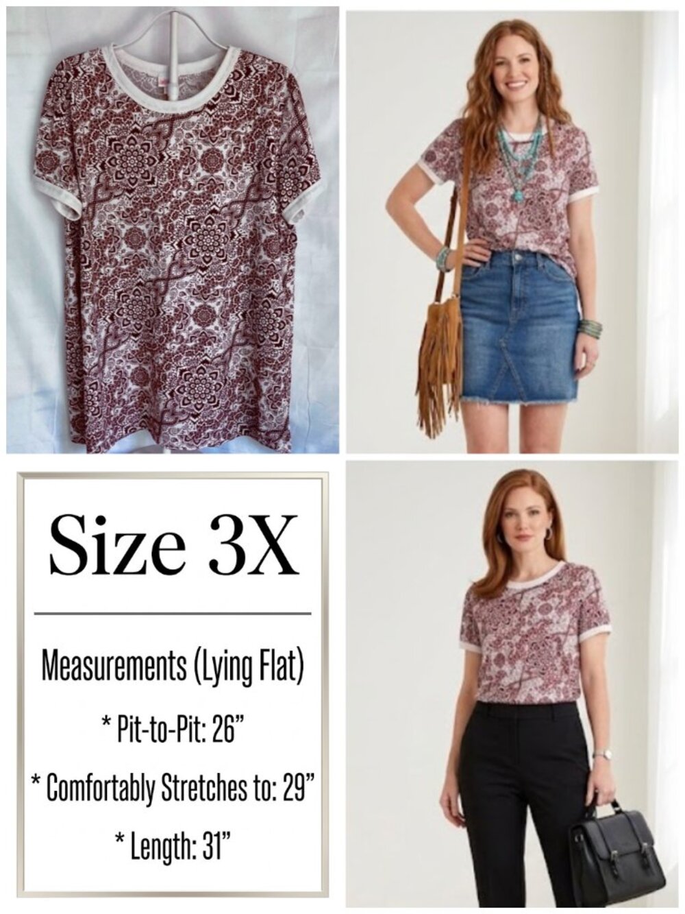 LuLaRoe Liv Plus Size 3X Ringer Tee Brown White Mandala Boho Top 22 24 2X-3X 3XL